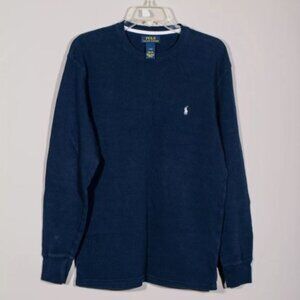 Polo Ralph Lauren 100% Cotton Navy Blue Waffle Thermal White Logo Shirt Sz L *